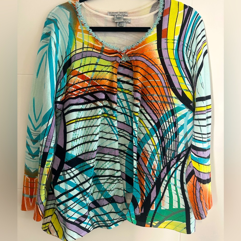 Alberto Makali Two Piece beaded cardigan and matching tank. Delicate trim. XL